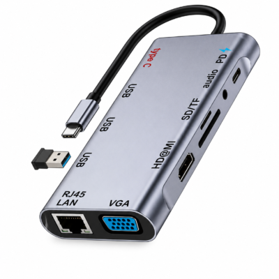 Microkingdom MK-C1101 100Mbps Type-C To (3USB+Type-C+SD+TF+HDMI+VGA+Audio+PD+RJ45 Lan) 11 in 1 Multi-Converter