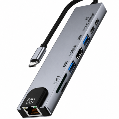 Microkingdom MK-C806 Type-C To (2USB+2Type C+SD+TF+PD+RJ45 Lan) 8 in 1 Multi-Converter